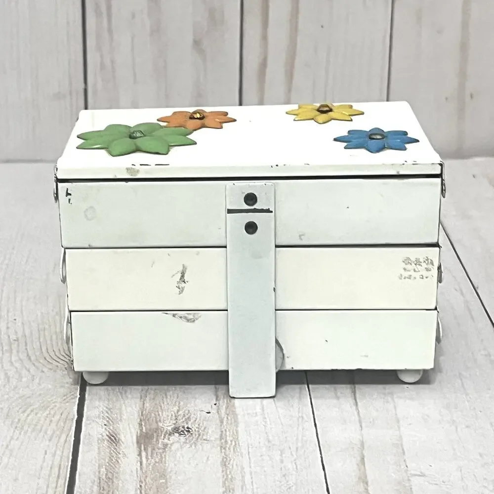 Mod 1960s Vintage Japan Metal Daisy Accordion Jewelry Box Whimsy